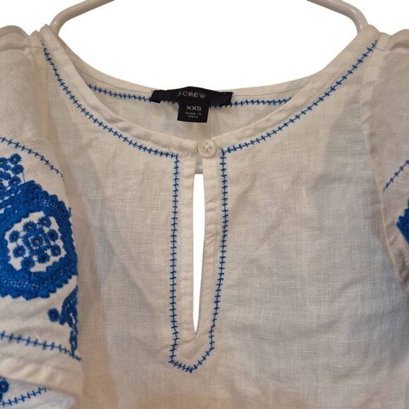 J. Crew Women's White Linen w Blue Embroidery Ruffle Sleeves Top - Picture 4 of 13